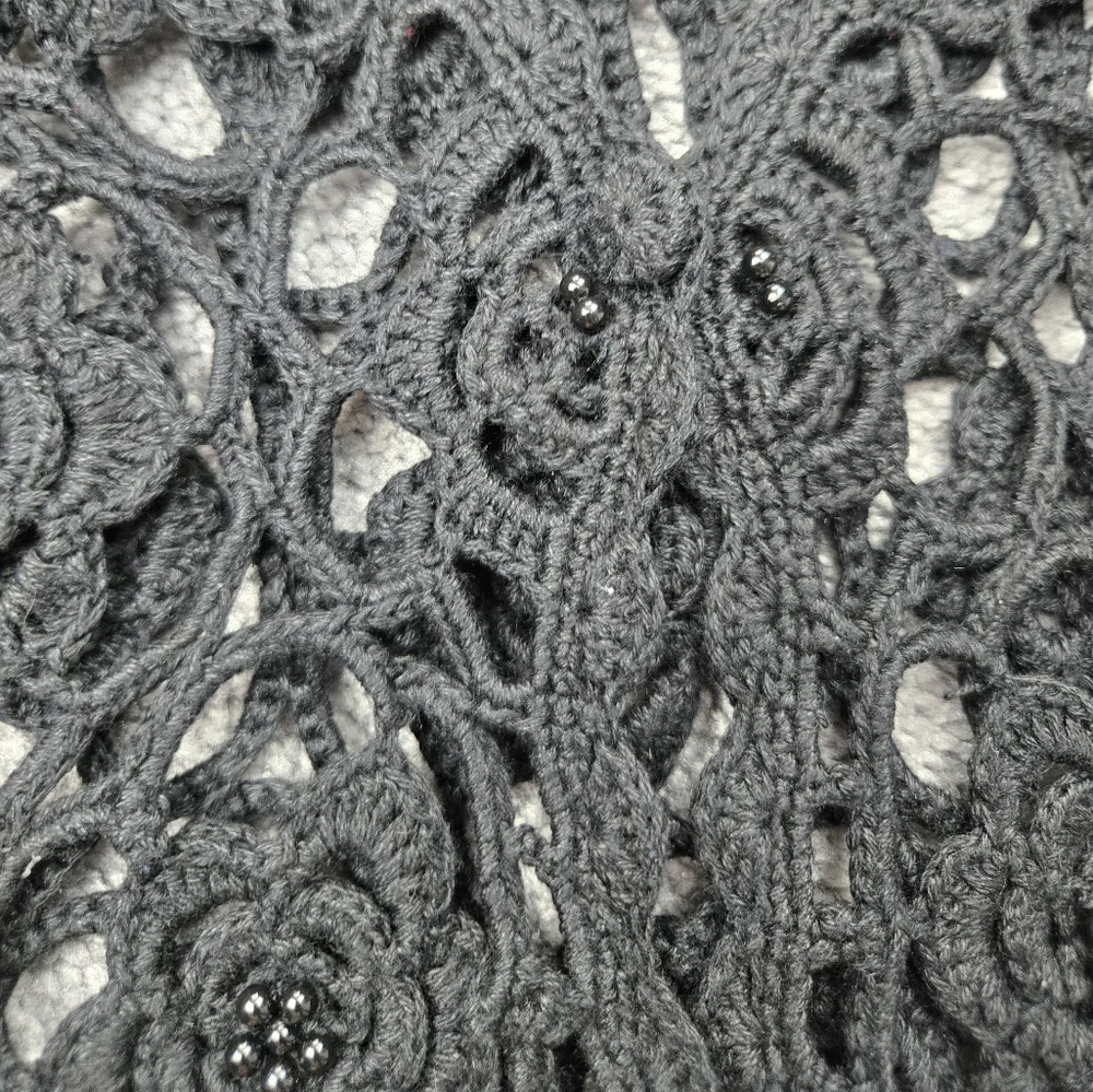 Vintage Crochet Beaded Black Vest Floral Handmade Cotton M L - Picture 5 of 7